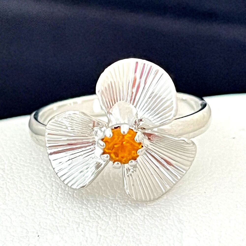 Vintage 1960s Cocktail Ring Silver Tone Orange Rhinestone Mid Century Modern 4I